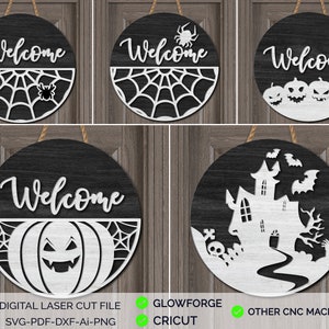 Welcome Halloween Door Hanger Bundle Svg, Halloween Sign Digital Download, SVG Template Bundle, Welcome Sign, Vector File, Wood Cutting dxf.
