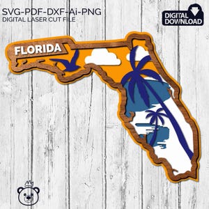 Florida SVG, 3D Layered Tropical Florida Sign, laser cut files, Dxf-Ai-Pdf-Cdr Multi-layer, Glowforge, American states, Commercial License.