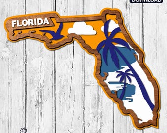 Florida SVG, 3D Layered Tropical Florida Sign, laser cut files, Dxf-Ai-Pdf-Cdr Multi-layer, Glowforge, American states, Commercial License.