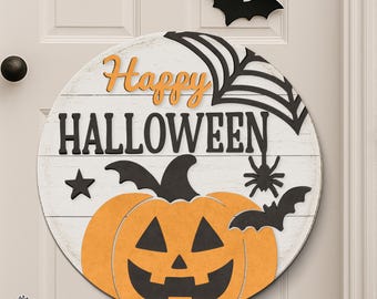 Happy Halloween Sign SVG | Laser Cut File for Glowforge & Cricut | pumpkin halloween sign svg | Spider Web, and Spooky Door or Wall Decor.