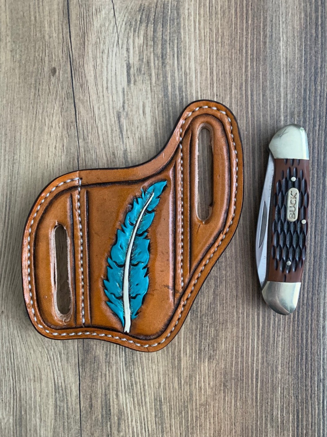 Slanted Pancake Style Pocket Knife Sheath / Hand Tooled Etsy