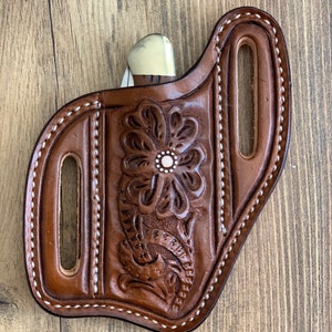 Slanted Pancake Style Pocket Knife Sheath / Hand Tooled Trapper Style Knife Sheath /Buck Knife Holster / Handmade Genuine Leather Sheath