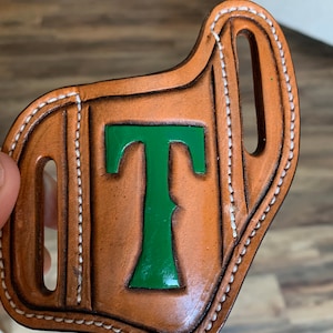 Slanted Pancake Style Pocket Knife Sheath / Hand Tooled Trapper Style Knife Sheath /Buck Knife Holster / Custom Initial Leather Sheath