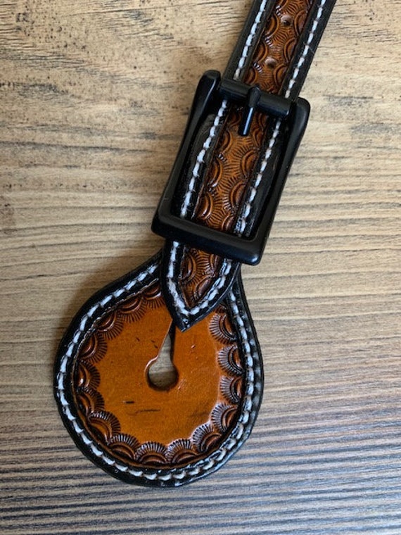Hand Tooled Western Leather Spur Straps / Adult Size Spur Straps Tack /  Basketweave Design /black Border / Trail Horse 