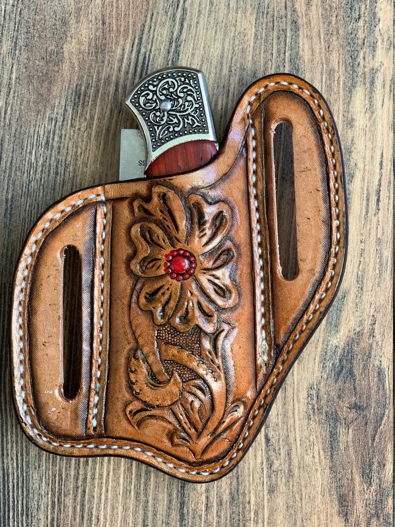 Slanted Pancake Style Pocket Knife Sheath / Hand Tooled Etsy