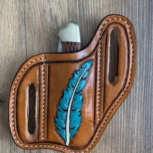 Slanted Pancake Style Pocket Knife Sheath / Hand Tooled Trapper Style Knife Sheath /Buck Knife Holster / Feather Design Knife Sheath