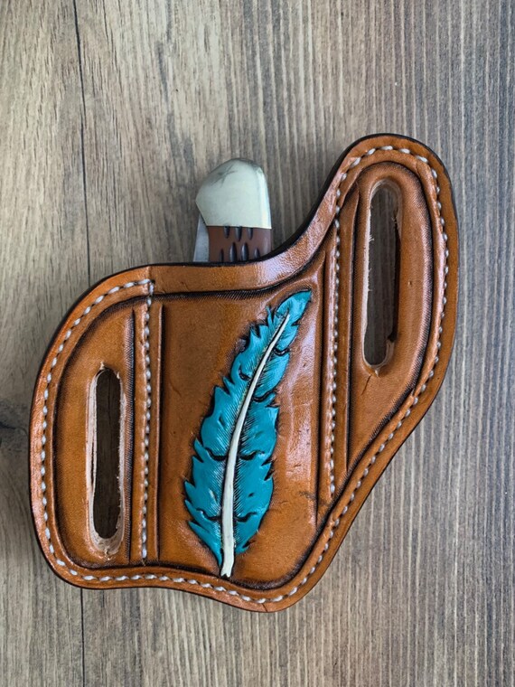 Slanted Pancake Style Pocket Knife Sheath Hand Tooled Trapper Style Knife Sheath buck Knife Holster Feather Design Knife Sheath Etsy Canada
