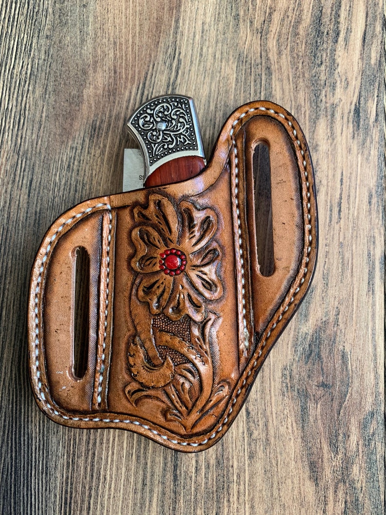 Slanted Pancake Style Pocket Knife Sheath / Hand Tooled Etsy