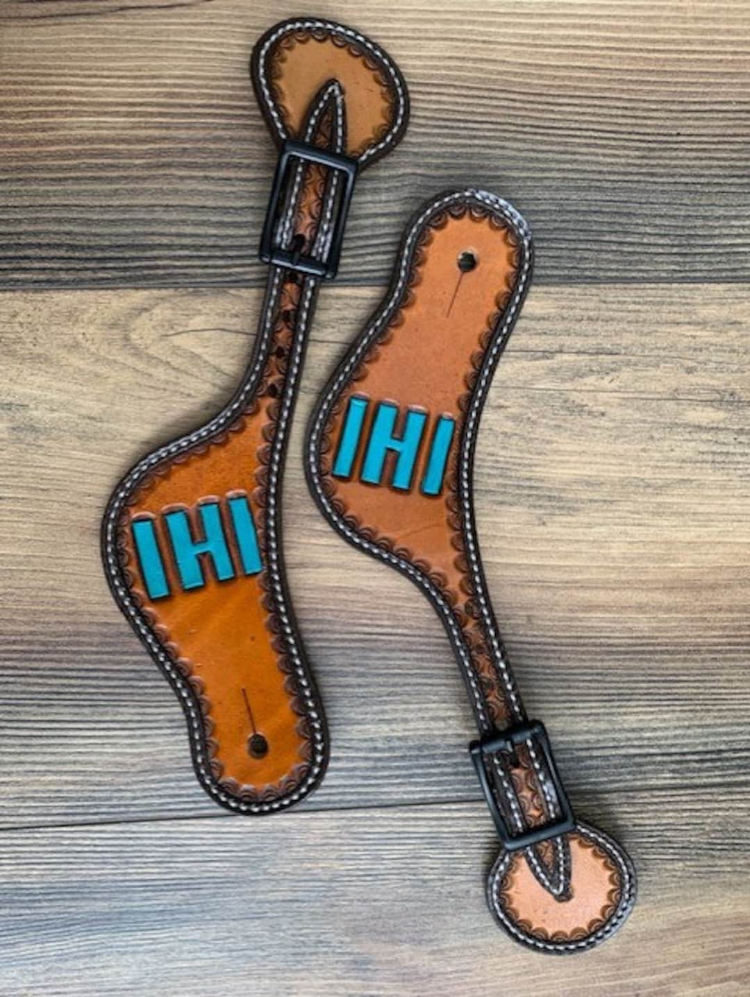 Bretelles D'éperon Showman Cuir - Motif Feuilles/fleurs - Pierre Turquoise - Femme