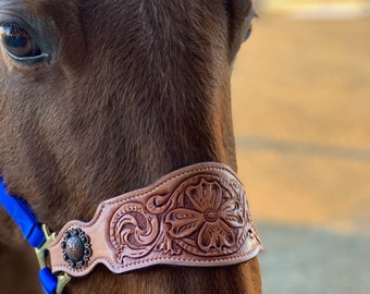 Tooled Leather Horse Noseband / Western Floral Halter / Leather Noseband with Conchos / Rodeo Bronc Band