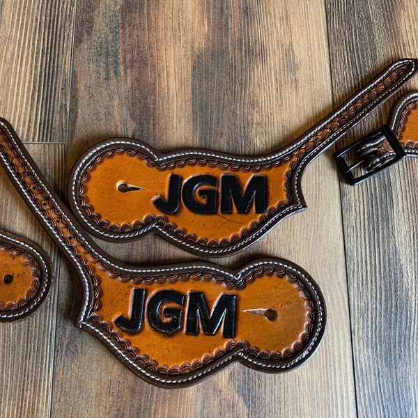 Hand Tooled Western Leather Spur Straps / Adult Size Spur Straps Tack / Personal Initials Design /Rodeo Spur Straps / Trail Horse