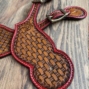 Hand Tooled Western Leather Spur Straps / Adult Size Spur Straps Tack / Basketweave Design / Red border / Trail Horse