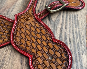 Hand Tooled Western Leather Spur Straps / Adult Size Spur Straps Tack / Basketweave Design / Red border / Trail Horse