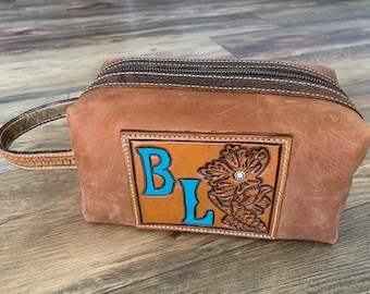 Leather Toiletry Bag /Personalized Leather Dopp Kit Bag / Shaving Kit Bag / Custom Leather Bag with Initials / Cosmetics Bag / Flower Design