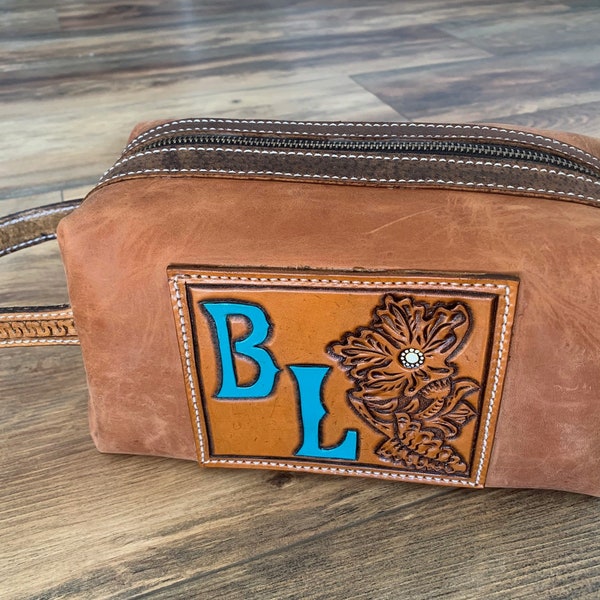 Leather Toiletry Bag /Personalized Leather Dopp Kit Bag / Shaving Kit Bag / Custom Leather Bag with Initials / Cosmetics Bag / Flower Design