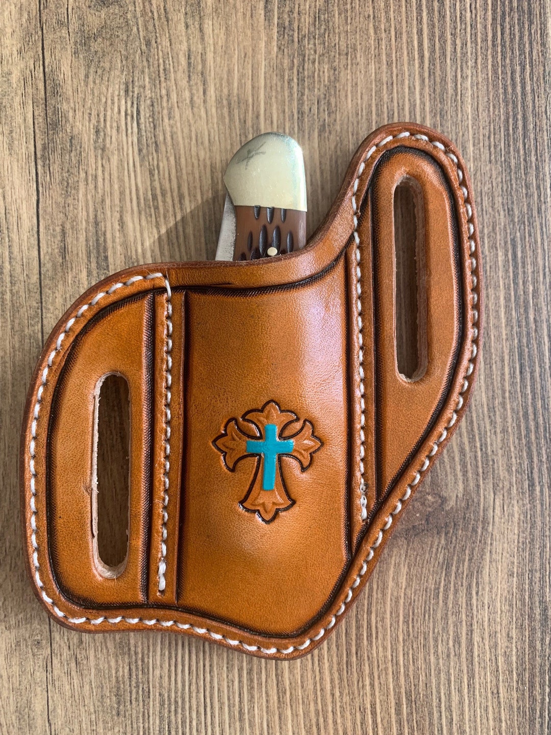 Slanted Pancake Style Pocket Knife Sheath / Hand Tooled Trapper Style