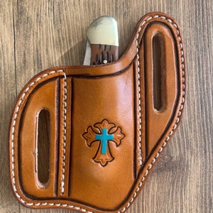 Slanted Pancake Style Pocket Knife Sheath / Hand Tooled Trapper Style Knife Sheath /Buck Knife Holster / Western Cross Leather Sheath