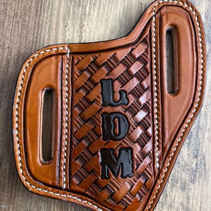 Custom Leather Folded Knife Sheath / Slanted Pancake Style Pocket Knife Sheath / Basketweave Design / Personalized with Initials or Brand