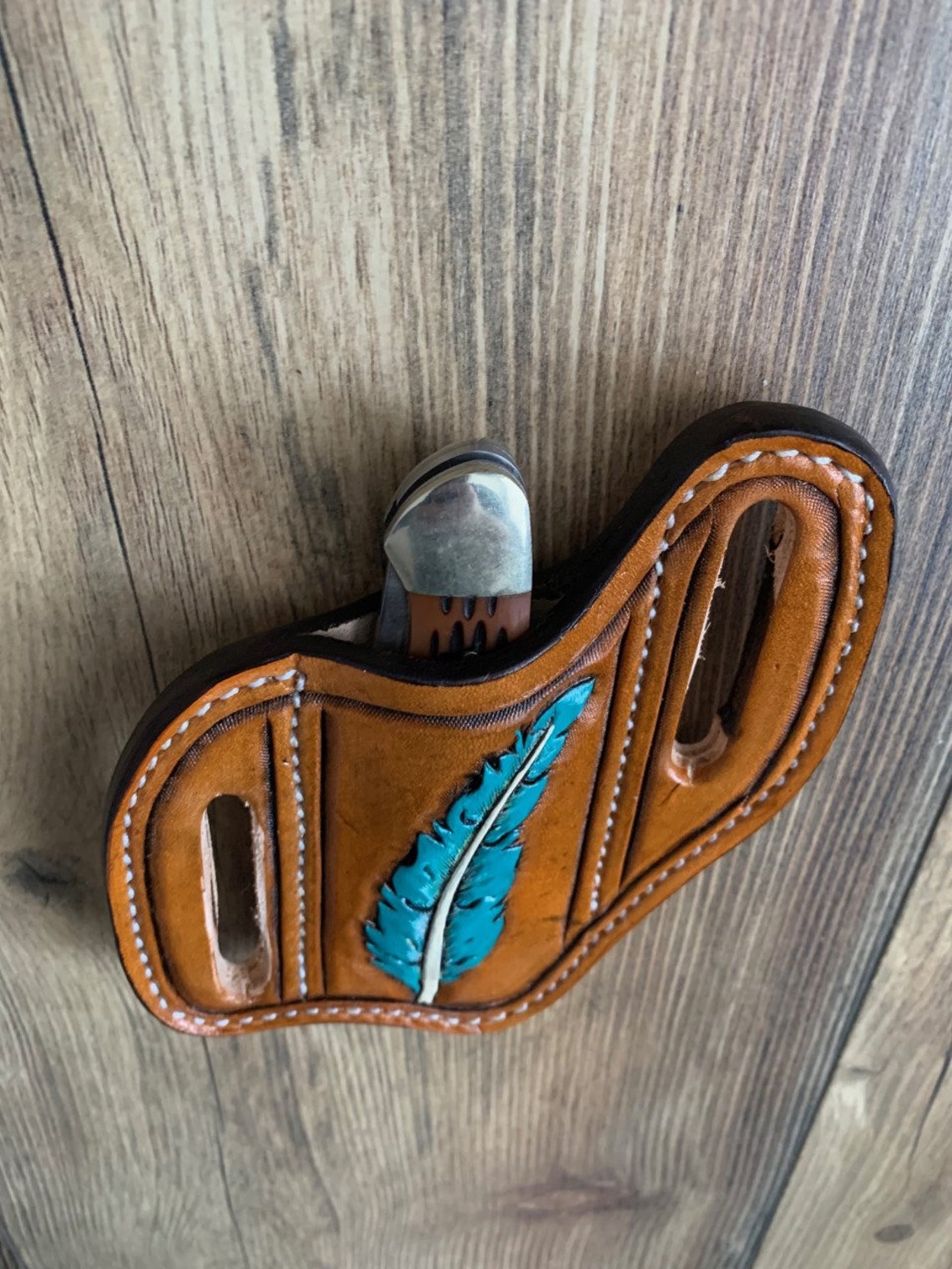 Slanted Pancake Style Pocket Knife Sheath / Hand Tooled Etsy