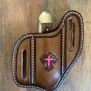 Slanted Pancake Style Pocket Knife Sheath / Hand Tooled Trapper Style Knife Sheath /Buck Knife Holster / Western Cross Leather Sheath