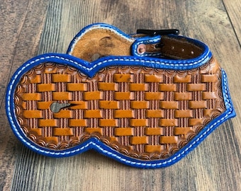 Hand Tooled Western Leather Spur Straps / Adult Size Spur Straps Tack / Basketweave Design / Navy Blue Border / Trail Horse