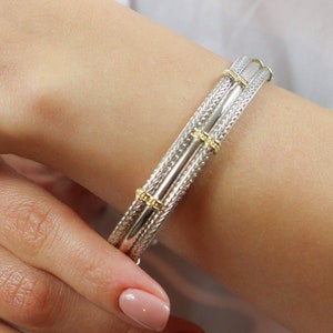 Wide Cuff Bracelet, Silver and Gold Cuff, Triple Bracelet, Unisex Cuff Bangle, Byzantine Bracelet, Birthday Gift