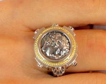Alexander The Great Coin Ring- Gold & Silver Signet Ring-Ancient Greek Coins-Greek Design Signet Ring-Vintage Chevalier-Unisex Ring Gift