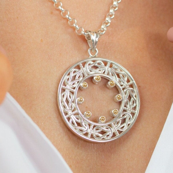 Offene Kreis Anhänger Halskette, Ewigkeit Herkules-Knoten Halskette, Zweifarbige Halskette, Silber Runde Geometrische Halskette, Schmuck byzantinischer Stil