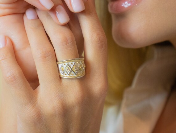 Byzantine Band Ring With Diamonds Vintage Style Ring Silver and