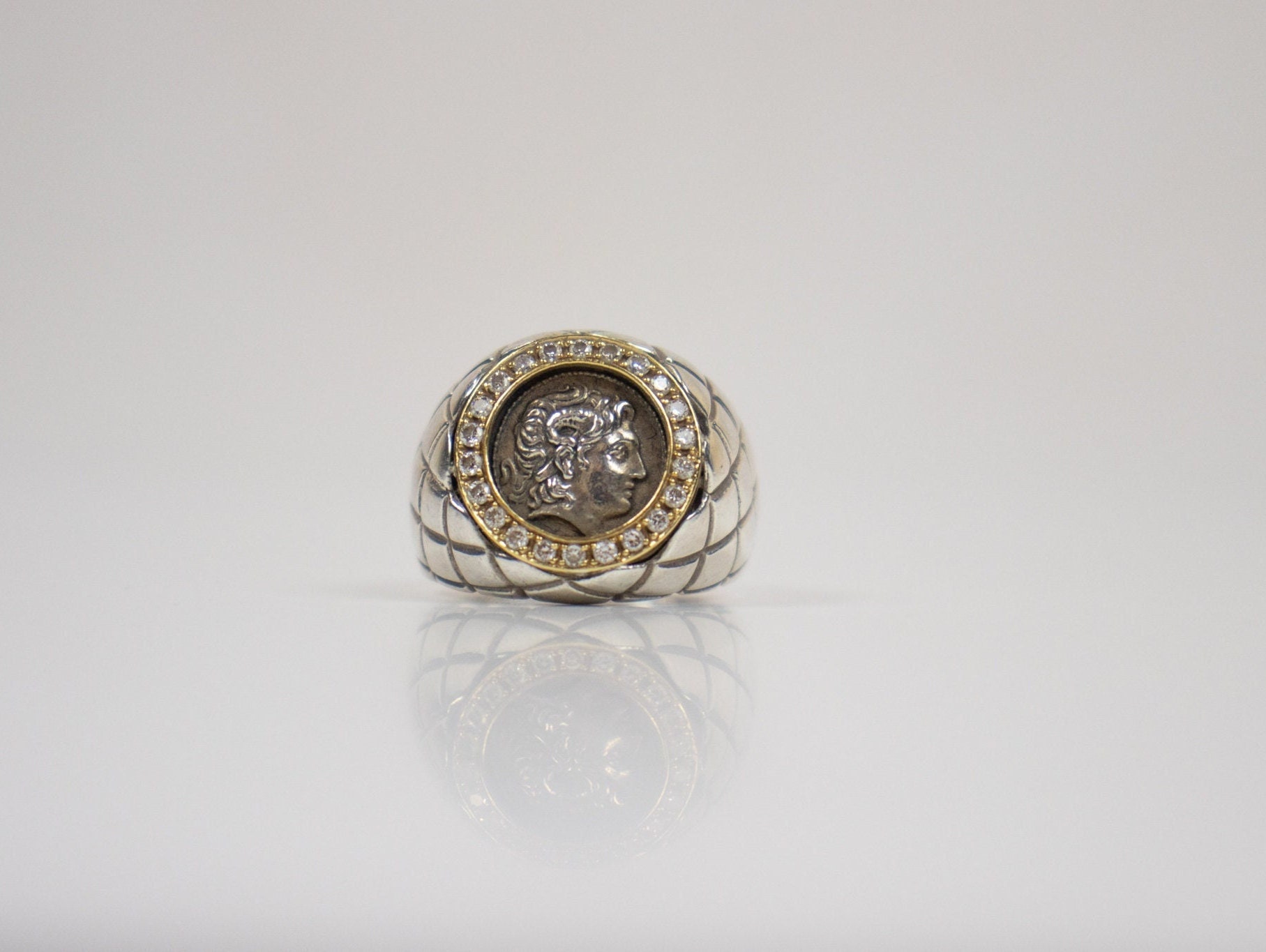 Alexander The Great Diamond Coin Ring, Diamond Signet Ring, Unisex Ring, Ancient Greek Ring, 18K Gold and Silver 925 Ring,Christmas Gift
