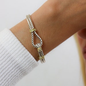 Hook Diamond Bracelet, 18k Gold and Silver Cable Cuff Bracelet, Twisted Bangle, Rope Bracelet, Silver Wire Bracelet, Silver & Gold Bracelet