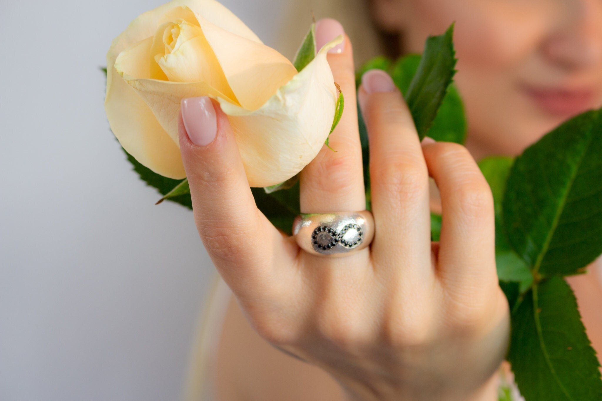 Black Diamonds Infinity Symbol Ring, 18K Gold Plated Dome Chunky Ring, Matt Finish Silver 925 Ring, Vintage Style Ring, Anniversary Gift