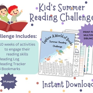 May include: A printable summer reading challenge for kids with 10 weeks of activities, a reading log, a reading tracker, and 3 bookmarks. The challenge is illustrated with a cartoon of two children reading a book. The text "Explore A World of Books" is on the cover of the challenge.