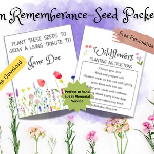 May include: A printable seed packet template for wildflower seeds. The template features a watercolour illustration of wildflowers and the text "Wildflowers Planting Instructions" with instructions for planting the seeds. The template also has a space for personalisation with the text "Free Personalisation".