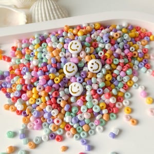 Glass beads Rocailles mix spring colors, 30 g, basic price per 1000 g - 126.66 euros, DIY jewelry, making a bracelet, 4 acrylic beads Smile,