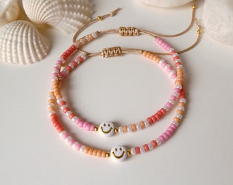 Farbenfrohes Armband Smiley, pink orange weiß korallenrot, Miyuki Perlen, Geschenk Freundin Schwester Tochter