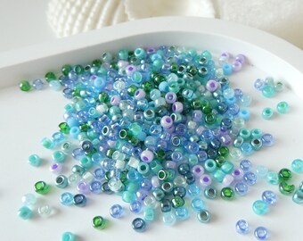 Toho und Miyuki Seed Beads 8/0, Glasperlen Mischung Rocailles 3 mm, 10 g, Grundpreis je KG 400,- Euro, blau türkis grün flieder