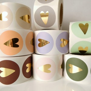 Stickers with gold-foiled hearts, 10, 20 or 50 pieces, in 5 colors or mixed, labels, gift wrapping