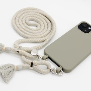 Housse de téléphone portable TAUPEGRAU avec cordon Boho GRIS (chaîne de téléphone portable amovible, coton, dragonne Boho)