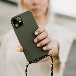 étui de téléphone portable bio avec chaîne de téléphone portable VERT OLIVE - étui de téléphone portable iPhone Samsung durable avec sangle, biodégradable, respectueux de l'environnement