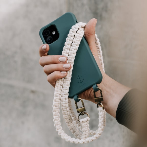 Étui pour téléphone portable PETROL avec sangle de téléphone portable bohème macramé NATURE (chaîne de téléphone portable bohème, chaîne de téléphone portable en macramé, sangle avec mousquetons, cordon avec mousquetons)