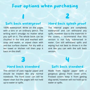 Pu&ograve; includere: Un grafico informativo intitolato Four options when purchasing, che descrive quattro tipi di quaderni: 1. Soft back waterproof, 2. Hard back splash proof, 3. Hard back standard e 4. Soft back standard, su uno sfondo azzurro simile all'acqua.