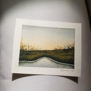Tiny Original Watercolor Painting, Marsh Landscape, Miniature Watercolor