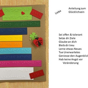 XXL Braille-/Blindenschrift Klappkarte "Anleitung zum Glücklichsein", taktile Karte, 3D Karte, + Umschlag u. Einleger, Wunschtext möglich