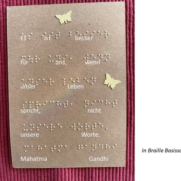Braille-/Blindenschrift Spruchkarte (Basis) von Mahatma Gandhi, Grußkarte, taktile Karte, mit Schmetterlingen, für Blinde, Sehbehinderte