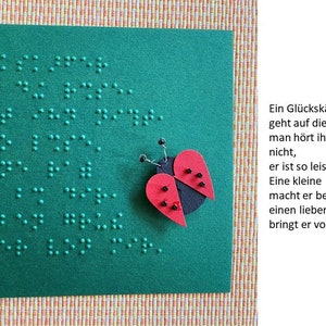 Braille-/Blindenschrift Spruchkarte (Vollschrift), Grußkarte, "Liebe Grüße vom Glückskäfer", 3D Glückskäfer, taktile Karte, Fühlkarte