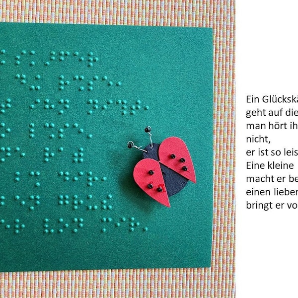 Braille-/Blindenschrift Spruchkarte (Vollschrift), Grußkarte, "Liebe Grüße vom Glückskäfer", 3D Glückskäfer, taktile Karte, Fühlkarte