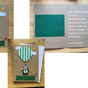 XXL Braille-/Blindenschrift Klappkarte "Alles Liebe ..." mit 3D Heißluftballon + Spruch + Umschlag + Einlegeblatt (Wunschtext möglich)