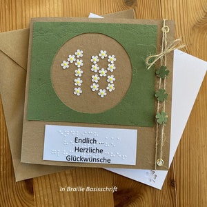 18. Geburtstag, Braille-/Blindenschrift Klappkarte: "Endlich ... Herzliche Glückwünsche!", + Umschlag, + Einleger (Wunschtext), Kleeblatt
