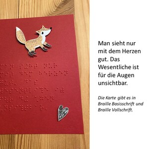 Braille Karte, Karte mit Blindenschrift, Spruch des kleinen Prinzen von A. de Saint-Exupéry, 3D Fuchs + Herz, für Blinde/Sehbehinderte